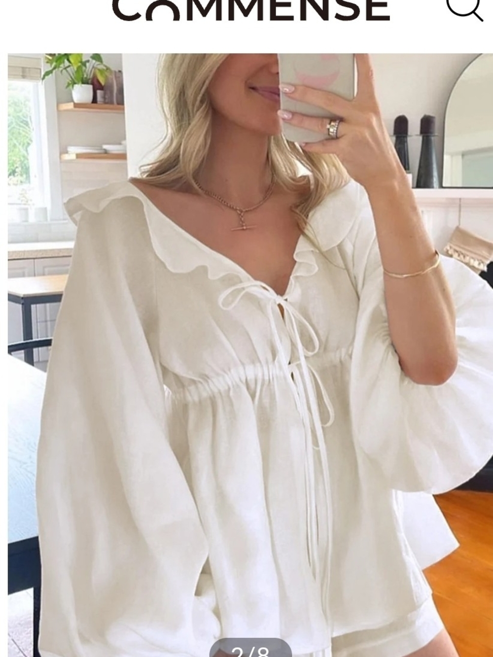 Womens Commense White Ruffled Tie-Front Blouse